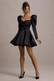 Murphy Black Satin Belted Mini Dress With Puff Sleeves