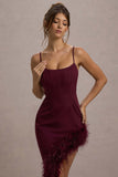 High Status Burgundy Strappy Corset Asymmetric Maxi Dress With Feather Trim