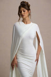 Marysol White Asymmetric Cape Midi Dress