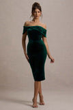 Snowflake Bottle Green Velvet Bardot Bow Detail Midi Dress
