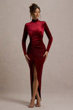 Jaz Berry Velvet High-Neck Gathered Split Maxi Dress