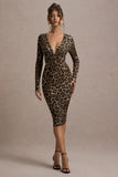 Vernazza Brown Animal Print Deep Plunge Midi Dress