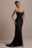 Custom Black Satin Sweetheart Corset Fishtail Maxi Dress