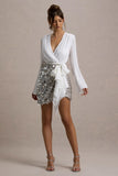 Norah White Chiffon Plunge-Neck Wrap Mini Dress With Sequin Skirt