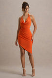 Vivia Orange Plunge-Neck Ruched Mini Dress