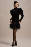 Issa Black Velvet Long-Sleeve Mini Dress With Feather Trim