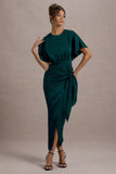 Mika Bottle Green Satin Short-Sleeve Wrap Maxi Dress