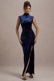 Abilene Navy Velvet High-Neck Split Maxi Dress