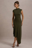 Ondine Khaki Asymmetric Draped Midi Dress
