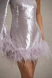 Free Soul Lilac Sequin One-Shoulder Feather Trim Mini Dress
