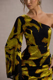 Sevilla Mustard Print Satin Jacquard One Sleeve Ruffled Split Maxi Dress