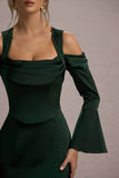 Heartthrob Green Satin Draped Bardot Maxi Dress