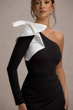 Philomena Black One-Sleeve Split Maxi Dress With White Bow