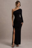 Doll Black Asymmetric One Sleeve Ruched Maxi Dress