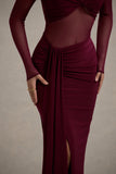 Cover Star Burgundy Mesh Bardot Long-Sleeve Draped Maxi Dress