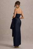 Loz Navy Satin Bandeau Draped Maxi Dress