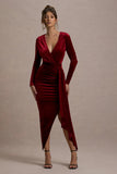 Arcadia Berry Velvet Plunge-Neck Wrap Midi Dress