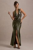 Carana Gold Plunge-Neck Knotted Split Maxi Dress