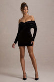 Gilda Black Velvet Bardot Long-Sleeve Mini Dress