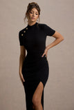 Claudetta Black High-Neck Short-Sleeve Split Maxi Dress