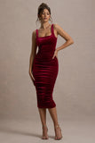 Cora Berry Velvet Square-Neck Bodycon Midi Dress