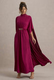 Olessia Burgundy Belted Gathered Cape-Sleeve Maxi Dress