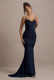 Made With Love Navy Satin Strappy Fishtail Maxi Dress