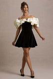Brynne Black & Cream Velvet Mini Dress With Satin Puff Sleeves