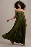 Bergamot Olive Satin Sweetheart Maxi Dress