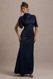 Audley Navy Satin High-Neck Flutter-Sleeve Maxi Dress