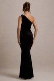 Jillian Black Velvet Asymmetric Maxi Dress With Bow Strap