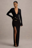 Idony Black Plunge-Neck Gathered Split Maxi Dress With Ring Detail