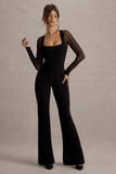 On Track Black Flared-Leg Jumpsuit With Sheer Sleeves