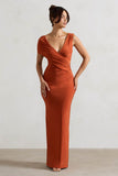 Capella Rust Asymmetric Wrap Maxi Dress