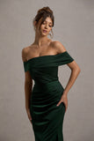 Martine Bottle Green Satin Bardot Wrap Maxi Dress