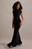 Lorenza Black High-Neck Ruched Maxi Dress With Draped Skirt