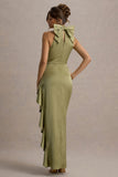 Maureen Light Green Satin High-Neck Draped Maxi Dress