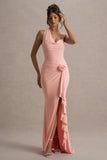 Lucena Pink Cowl-Neck Wrap Maxi Dress With Floral Drape