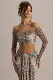 Kelsie Snake Print Mesh Bardot Crop Top