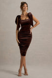 Tarna Brown Velvet Midi Dress With Bow Straps