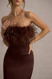 Dress For It Brown Satin Feather Trim Bandeau Maxi Dress