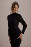 Chandra Black Mesh Long-Sleeve Midi Dress With Ruffle Hem