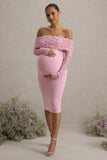 Adita Blush Pink Mesh Floral Bardot Maternity Midi Dress