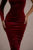 Northern Light Berry Velvet Asymmetric One-Sleeved Midi Dress