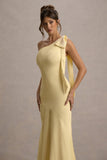 Here For Love Lemon Satin Asymmetric Maxi Dress With Bow
