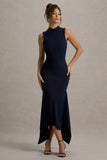 Janice Navy High-Neck Hanky-Hem Maxi Dress