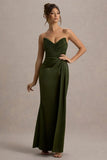 Edel Olive Satin Strapless Maxi Dress With Drape