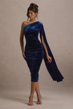 Gianna Navy Velvet One Shoulder Cape Bodycon Midi Dress