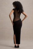 Asia Black Sheer Short-Sleeve Draped Maxi Dress