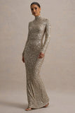 Galaxy Champagne Sequin Turtle-Neck Long-Sleeve Maxi Dress